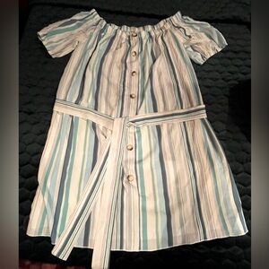 blue&green striped off-shoulder capsleeve minidress w/belt & buttons by SHEIN 1X